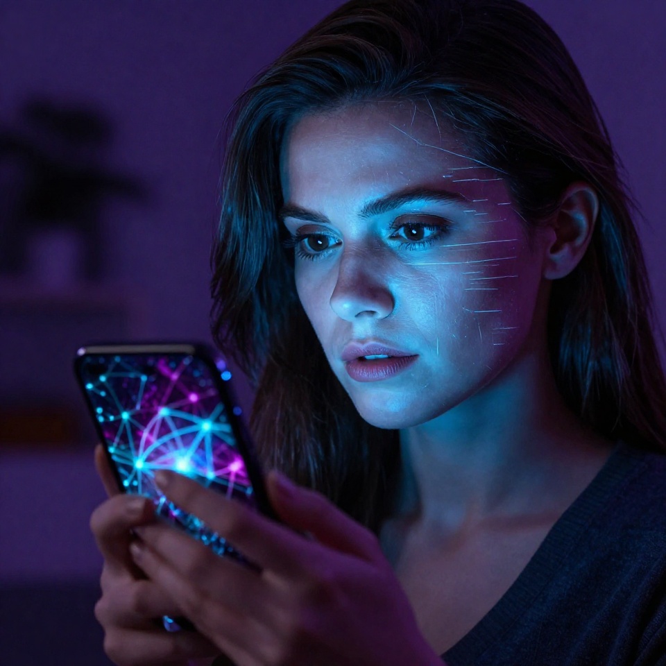 Портрет женщины со следами цифровой glitches на лице, рассматривающей смартфон — символика распознавания дипфейков