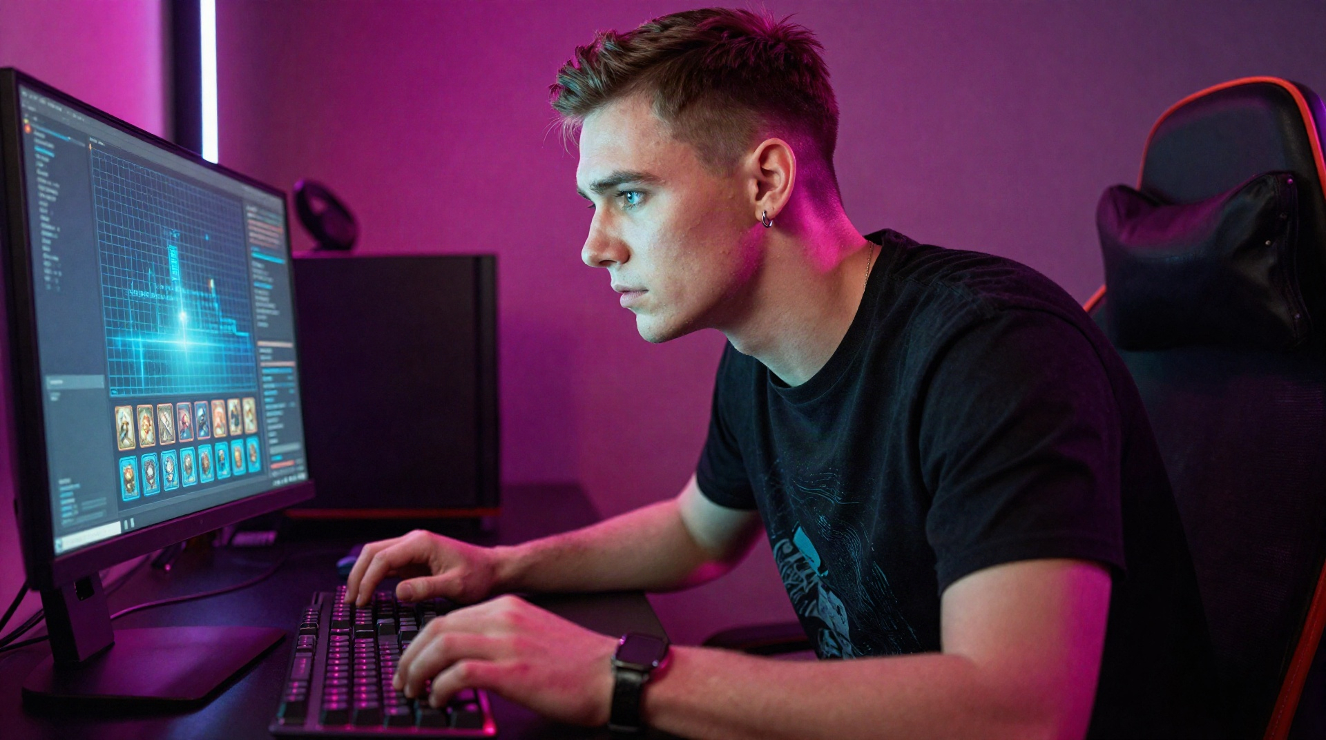 Игрок рассматривает торговую площадку Steam на мониторе в неоновой подсветке